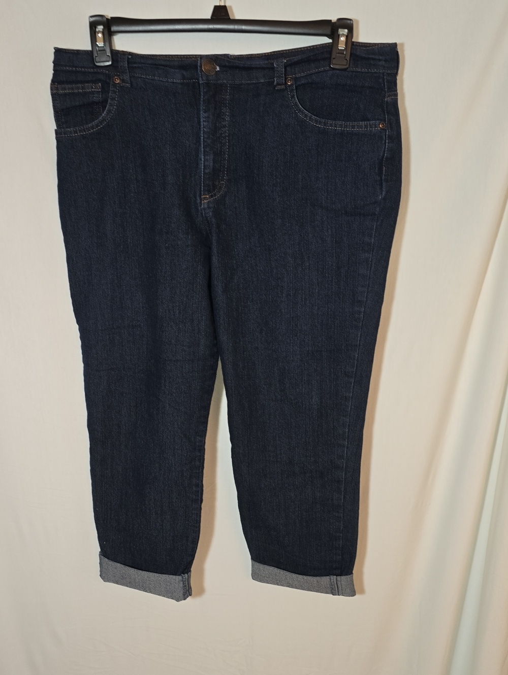 Basic Editions Women's Dark Indigo Relaxed Capri To Cuff Or Not Cuff...